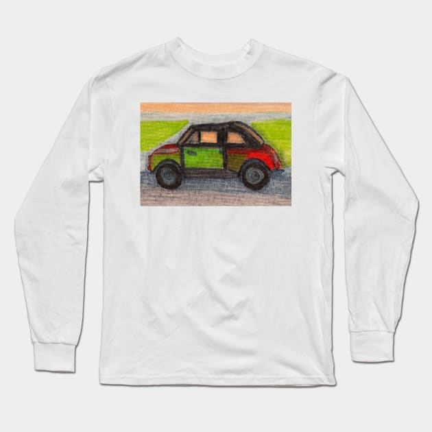 Italian Car Fiat in Green and Red with Grassy Background Long Sleeve T-Shirt by PodmenikArt